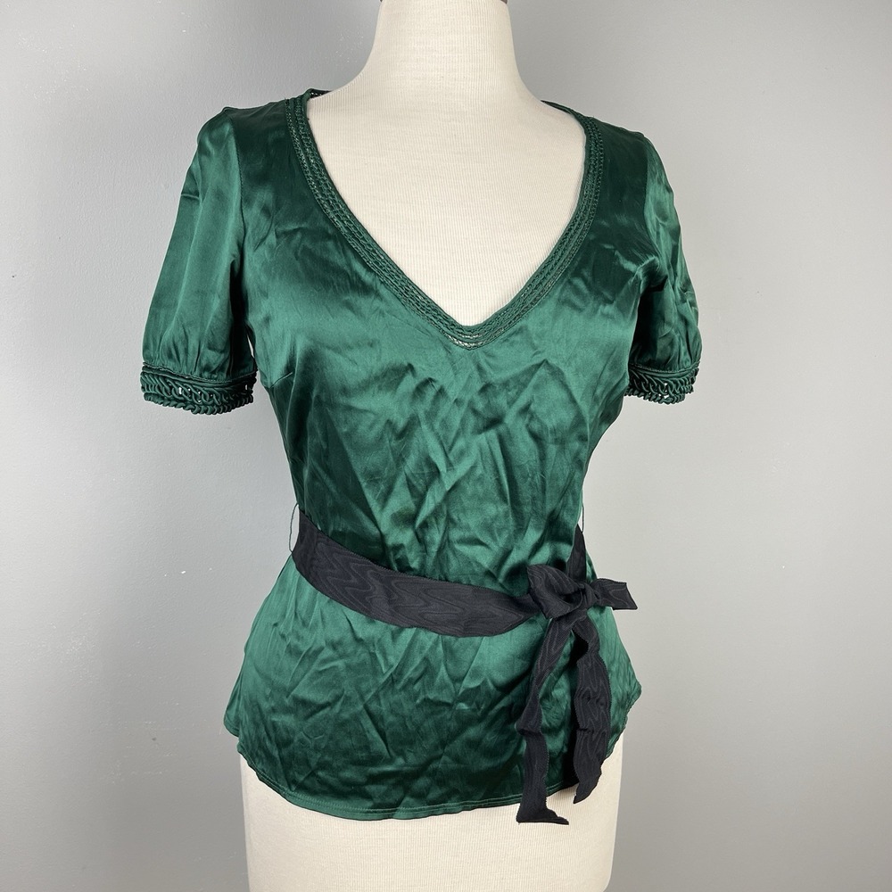Elie‎ Tahari Top Blouse Womens S? Green Silk Belted Waist Short Sleeve V-Neck
